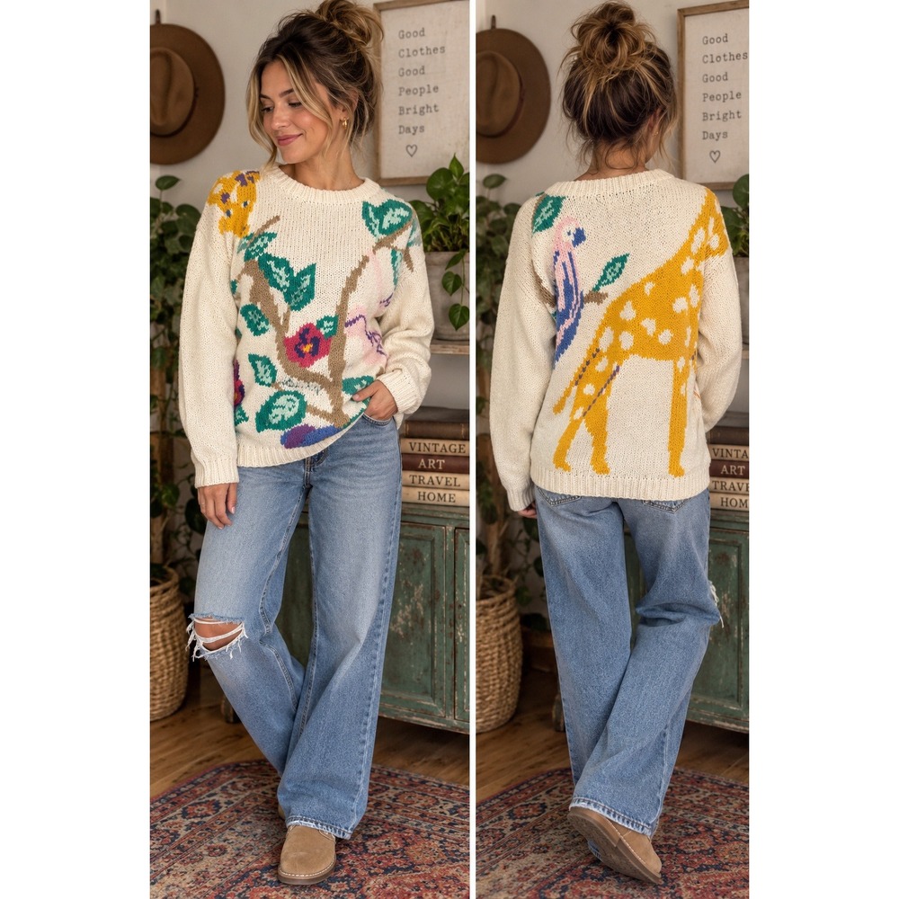 The Eagle's Eye Vintage Hand Knit Giraffe Bird Floral Ramie Cotton Sweater Small